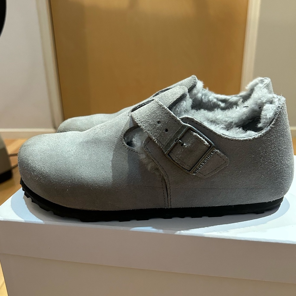 Gray Birkenstock London with shearling
